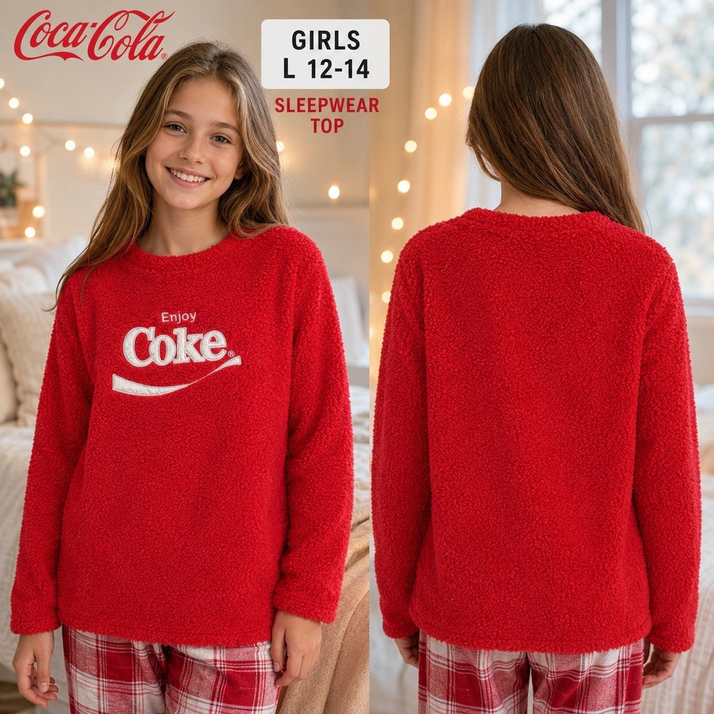 Coca-Cola Red Faux Fur Sherpa Fleece Sleepwear Top Enjoy Coke Logo Large 12-14